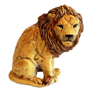 Italian Pottery Sitting Lion Bellini Vintage Orange Animal Figure Label 10" For Sale