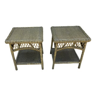 Vintage Boho Funky Green Wicker Tables - A Pair For Sale