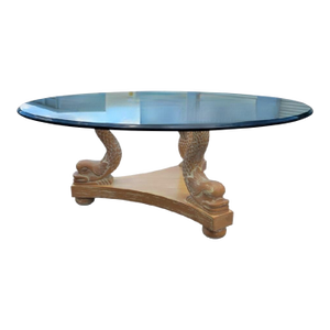 Vintage 3 Koi Fish White Washed Tan White Hollywood Regency Round Glass Top Coffee Table