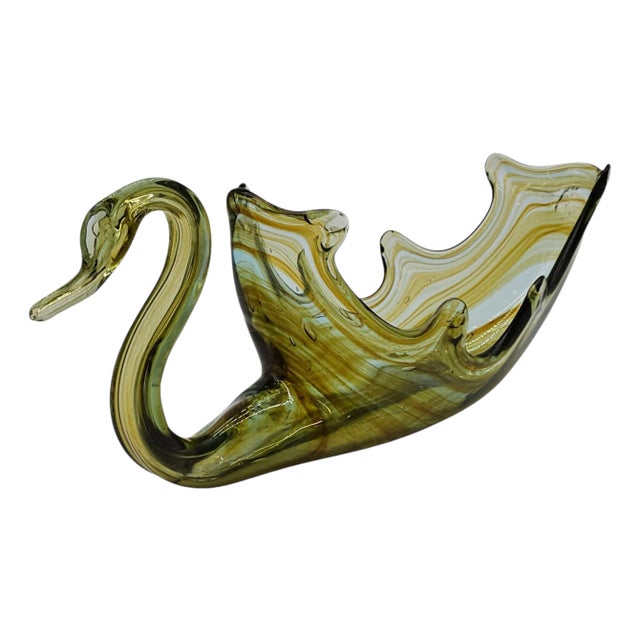 Mid-Century Hand Blown Murano Art Glass Swan Dish in Green and Copper Swirl For Sale