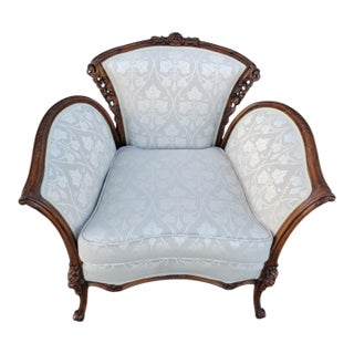 1930s Italian Beech Wood Armchair, Hand Carved Frame, Newly Upholstered For Sale