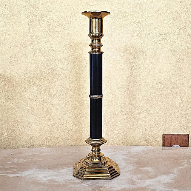 Pair of Vintage Brass & Black Enamel Candlestick Holders For Sale - Image 10 of 14