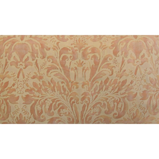 Custom-tailored pillow in Italian Mariano Fortuny cotton fabric called "Lucrezia" in a melon, orange, and cream colorway....