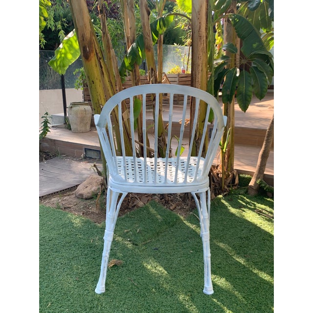 20th Renaissance Revival Style Cast Iron White Garden Chairs in Faux Bamboo - a Pair For Sale - Image 4 of 11