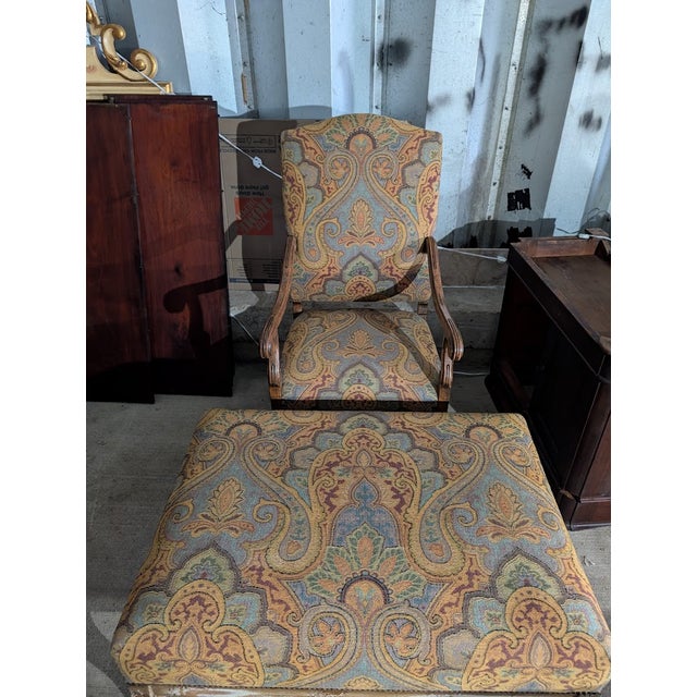 Wood Vintage French Provincial Paisley Upholstered Armchair With Matching Ottoman For Sale - Image 7 of 14