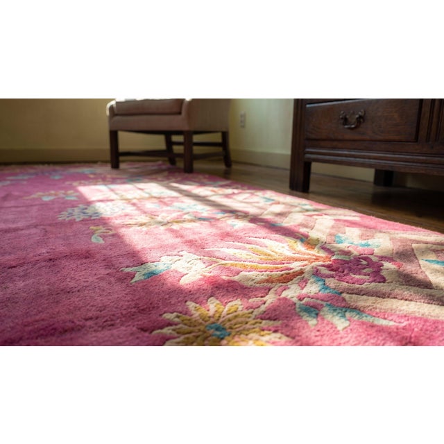 Fancy Pink Background Color With Special Floral Pattern Antique Chinese Art Deco Rug For Sale - Image 9 of 10