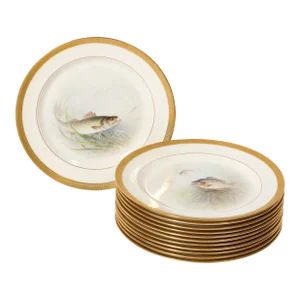 Set of Twelve Hand-Painted Lenox Porcelain Fish Plates Signed William Morley