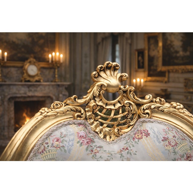 1970 French Louis XVI Gold Beech Damask Bergères - Pair For Sale - Image 13 of 14