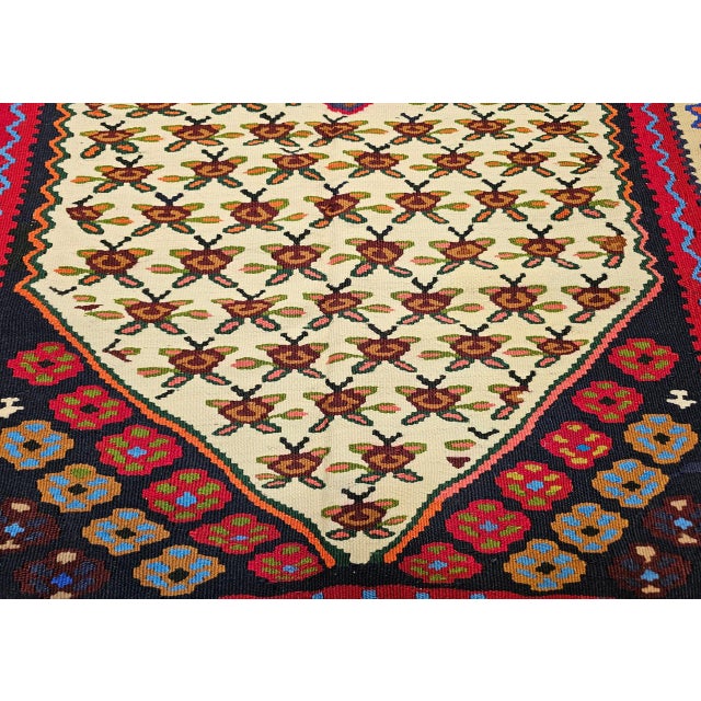 Vintage Persian Senneh Kilim Area Rug, Handwoven Wool, Floral Pattern, Ivory & Red, 3x5 For Sale - Image 11 of 15
