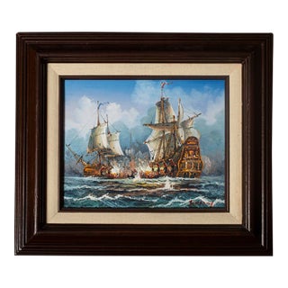 Vintage J. Harvey Naval Battle Original Oil Painting, Signed & Framed For Sale