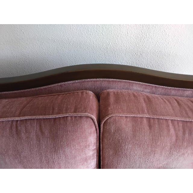 Vintage Hollywood Regency Style Carved Wood Pink Upholstered Loveseat For Sale - Image 4 of 15