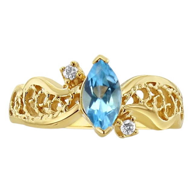 Marquise Blue Topaz Ring with Diamond Accents 14k Yellow Gold, Size 5 For Sale