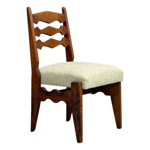 Guillerme & Chambron, Dining Chair, Oak, Green Fabric, France, 1950s For Sale