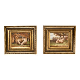 Continental Style Pair of Pastoral Landscape Paintings With Sheep For Sale