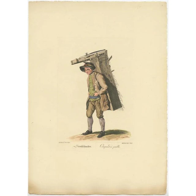 Antique print titled 'Strohschneider - Coupeur de paille'. Old profession print depicting a straw cutter. This print...