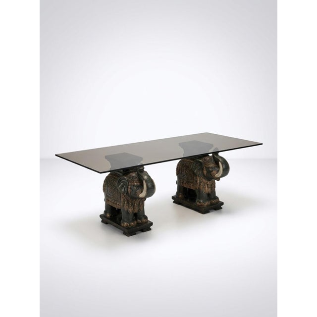 Vintage Smoked Glass Coffee Table With Emerald Green Elephant Bases For Sale - Image 4 of 4