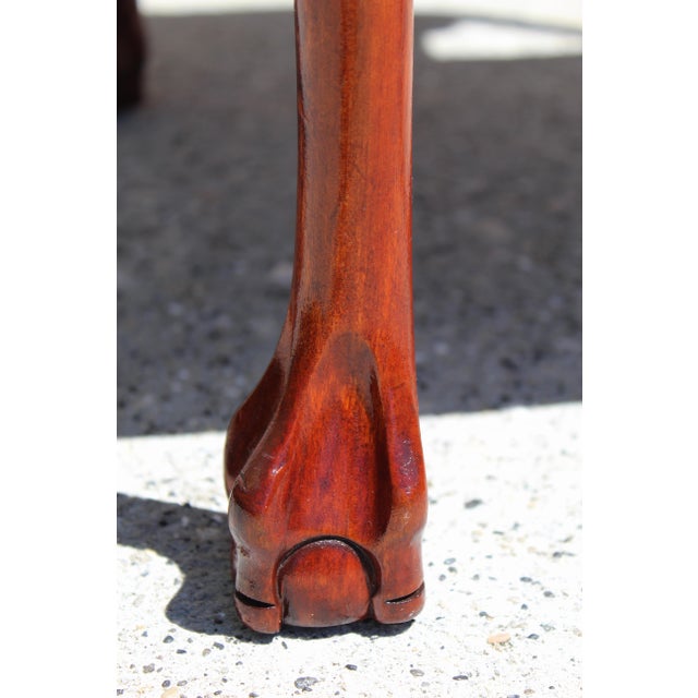 Vintage Georgian Style Mahogany Tray Top Side Table, Circa 1950s–1970s | Ball & Claw Feet | Carved Cabriole Legs | Butler’s Table | 18” Square For Sale - Image 14 of 17