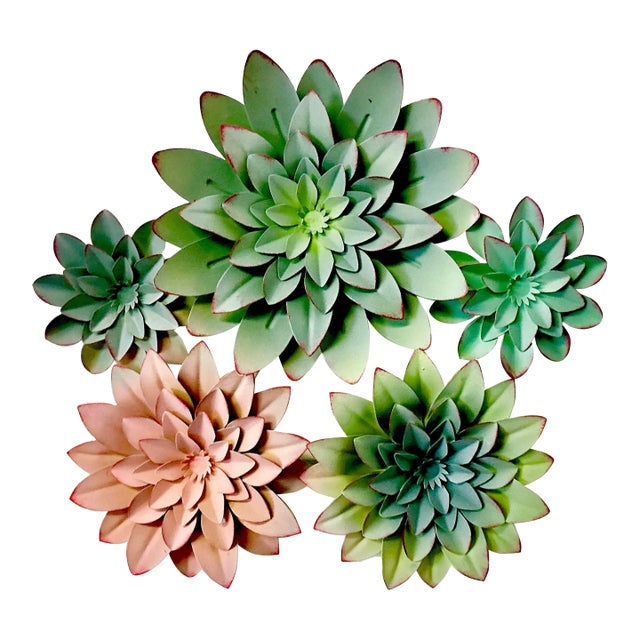 Mid-Century Coastal Italian Tole Five Red-Tipped Succulents Sculptural Wall Object For Sale