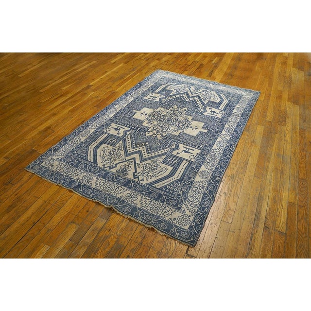 Indian 1930s Blue Abstract Geometric Antique N. Indian Agra Cotton Rug 4' X 6'6" Handknotted Carpet For Sale - Image 3 of 6