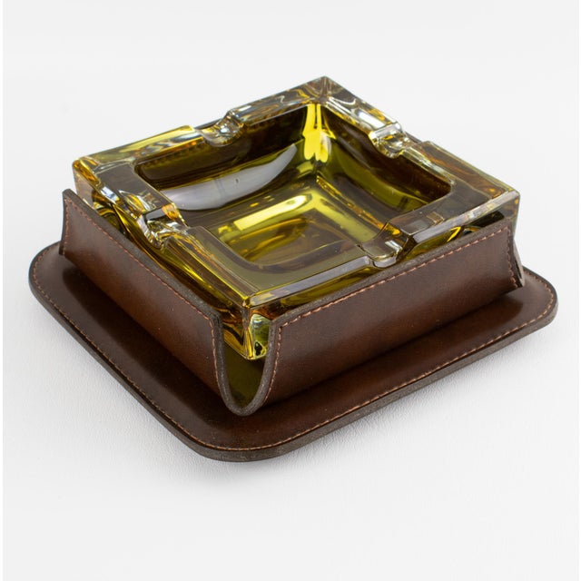 Mid-Century Leather and Crystal Ashtray Catchall Desk Tidy For Sale - Image 4 of 17