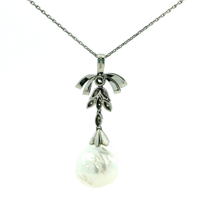 Vintage Platinum Diamond and 18mm Baroque Pearl Drop Necklace For Sale In Miami - Image 6 of 11