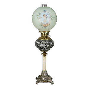 Antique Victorian Onyx, Gilt & Silvered Metal Figural Cherub Parlor Lamp 1890