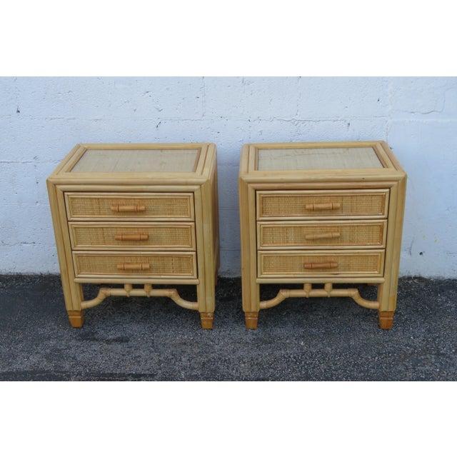 Hollywood Regency Faux Bamboo Caned Large Nightstands End Side Bedside Tables a Pair For Sale - Image 9 of 12