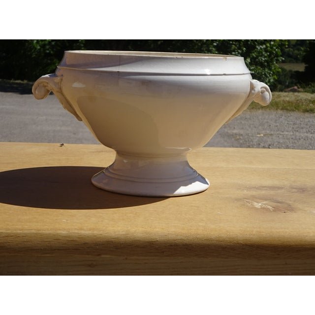 Antique Digoin Sarreguemines French earthenware tureen with lid. Features subtle raised motifs, a rosebud depicted on the...