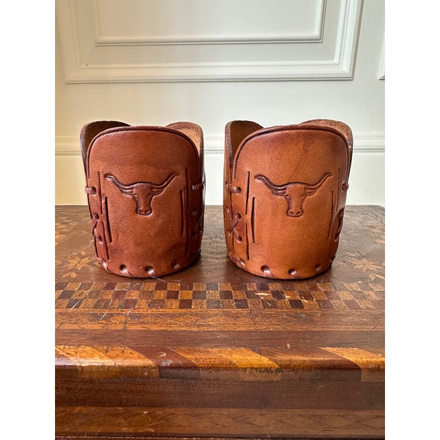 Brown Vintage Western Style Leather Sleeves for Drinks Glasses/ Bottles Featuring Steers -Set of 7 For Sale - Image 8 of 17