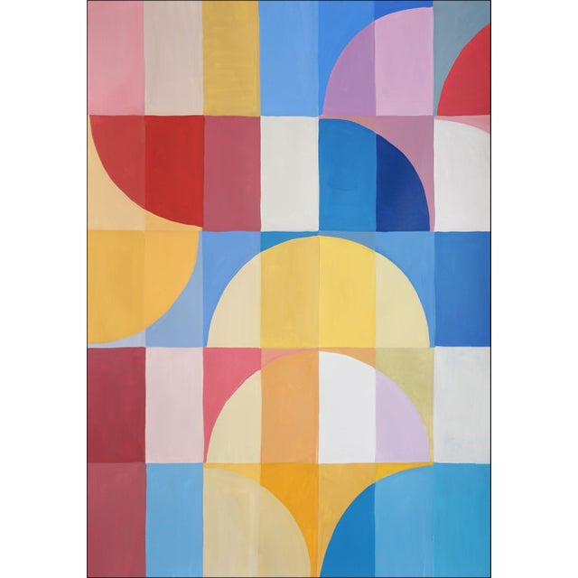 Abstract 2025, Abstract Geometric Bauhaus Large Triptych of Vivid Blossoming Arcs, Acrylic Paint on Watercolor Paper by Natalia Roman For Sale - Image 3 of 11