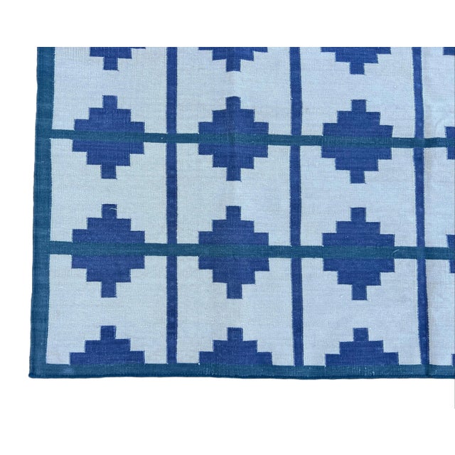 Handmade Cotton Vegetable Dyed Area Rug, Cream, Blue and Teal Blue Star Striped Dhurrie - 9'x12' For Sale - Image 10 of 10