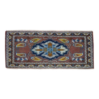 Distressed Turkish Petite Rug Low Pile Hand Knotted Faded Mat Yastik - 1'3'' X 2'12'' For Sale