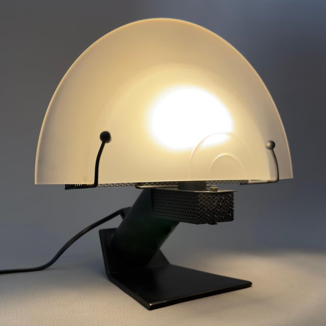 Crescent Moon Table Lamp in Opal Glass and Metal, 1980s, in Flawless conditions. Designed 1980 to 1989 European Plug (up...