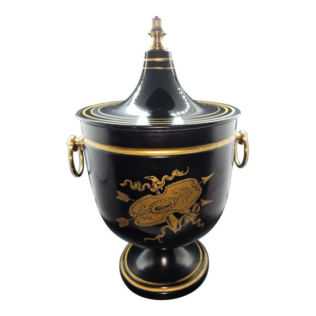Vintage Mid-Century Neoclassical Italian Tole Black and Gold Lidded Urn Ice Bucket For Sale