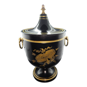 Vintage Mid-Century Neoclassical Italian Tole Black and Gold Lidded Urn Ice Bucket