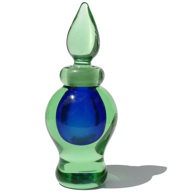 Beautiful vintage Murano hand blown Sommerso green over cobalt blue Italian art glass perfume bottle. Documented to...