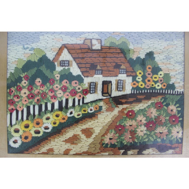 Vintage Framed Crewel Embroidery Art Cottage and Flowers For Sale - Image 11 of 11