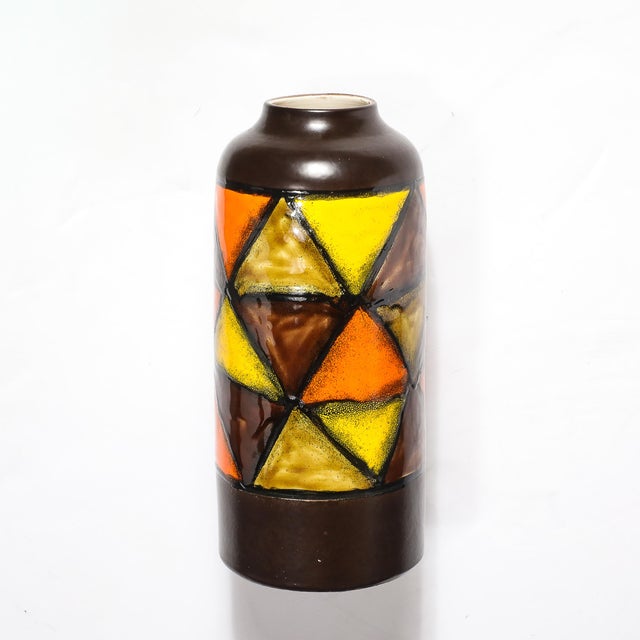 Mid-Century Ceramic Vase in Burnt Umber W/ Yellow & Orange Details by Aldo Londi For Sale - Image 10 of 14