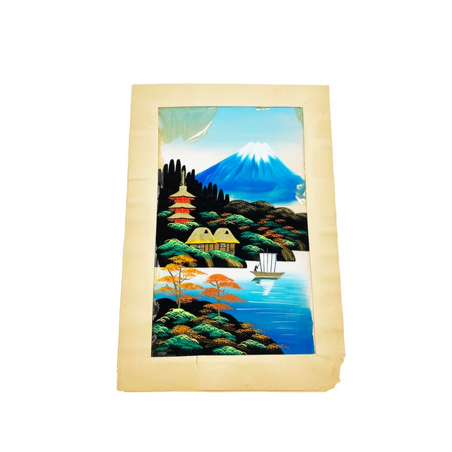 Hand Painted Vintage Mid Century Vibrant Painting On Silk Of A Mount Fuji Landscape Scene From Japan Chairish