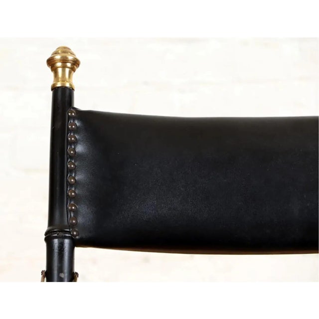 French Campaign-Style Leather Folding Chairs With Faux-Bamboo Frames - a Pair For Sale - Image 4 of 9