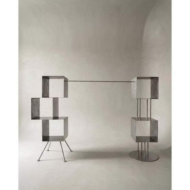 Set of 2 rubik complete shelves in stainless steel by metalmorphosis studio dimensions: module 1: d 35 x w 35 x h 135 cm....