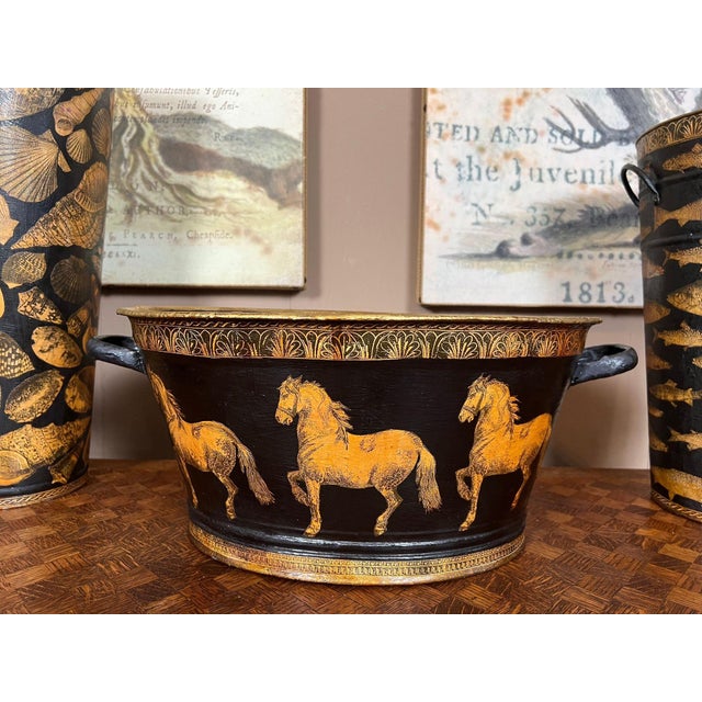 Antique English Planter Jardiniere Horse Equine Black Decoupage Tole Metal c1900. Direct from southern England, a striking...