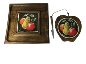 Vintage Fred Press Ceramic Tile & Wood Serving Board for Cheese/Crackers and a Cutting Board With Attached Knife -Set of 2