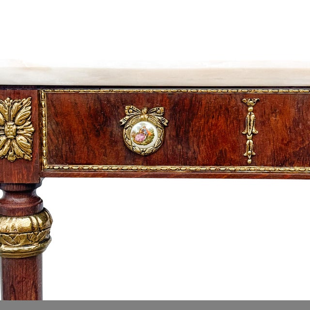 Vintage Louis XVI Revival Marble-Top Mahogany Console Table With Ormolu Mounts & Porcelain Medallions For Sale - Image 12 of 16