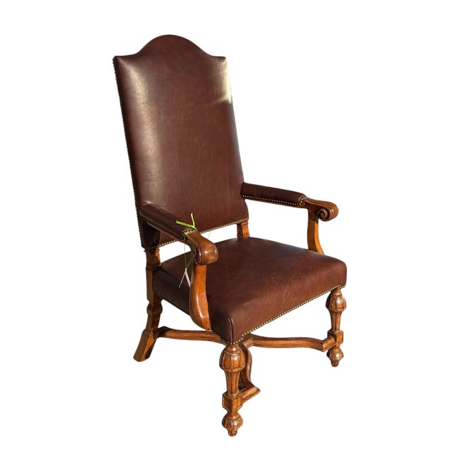 18th C Style French Mahogany Brown Leather Arm Chair.