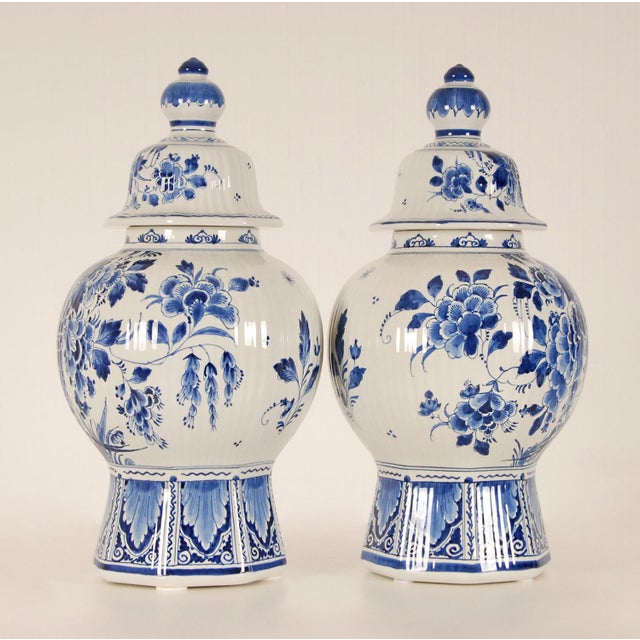 AK Dutch Delftware Royal Delft Vases Chinoiserie Blue White Covered Jars Baluster Vases Earthenware Urns Tariff Free Delivery - A Pair For Sale - Image 4 of 12