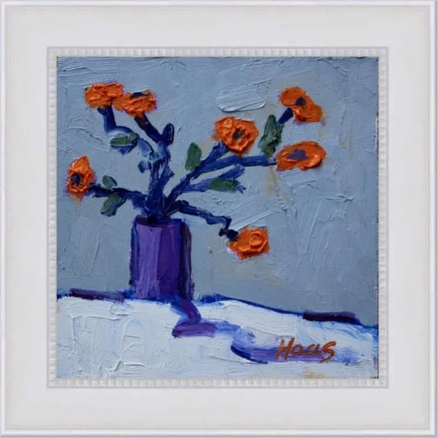 Quiet Places & Still Life — Orange Flowers in Purple Vase Original oil painting by Haas, 6 x 6 unframed on masonite panel,...