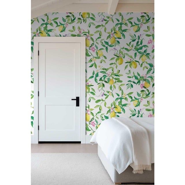 Limoncello Floral & Lemon Grasscloth Wallpaper by House Party | White Blossom | 6 Yards For Sale In Charlotte - Image 6 of 7