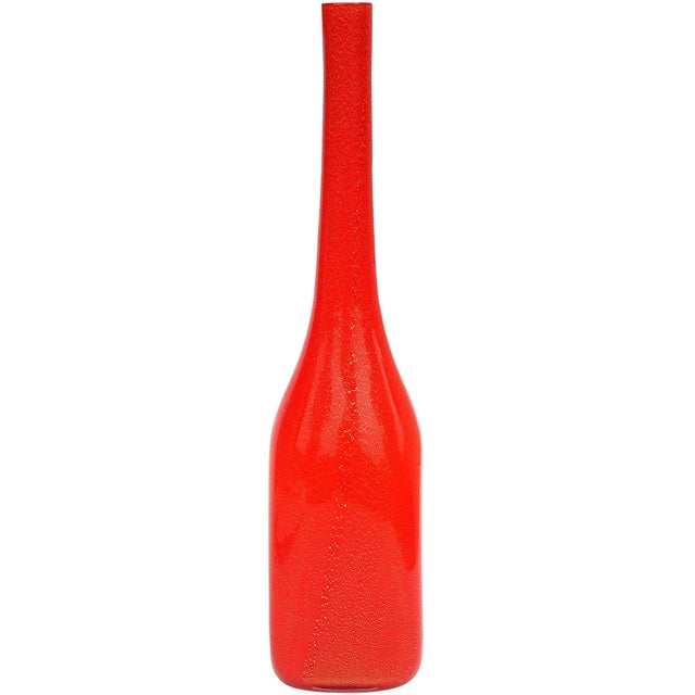 Vintage Murano Fratelli Toso Red Orange Gold Flecks Italian Art Glass Squared Bottle Flower Vase For Sale - Image 9 of 9
