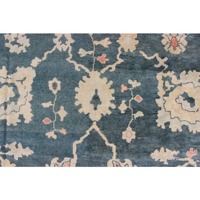 Large Turkish Oushak Rug With Dark Teal Blue Background & Ice Blue Border For Sale In Atlanta - Image 6 of 12